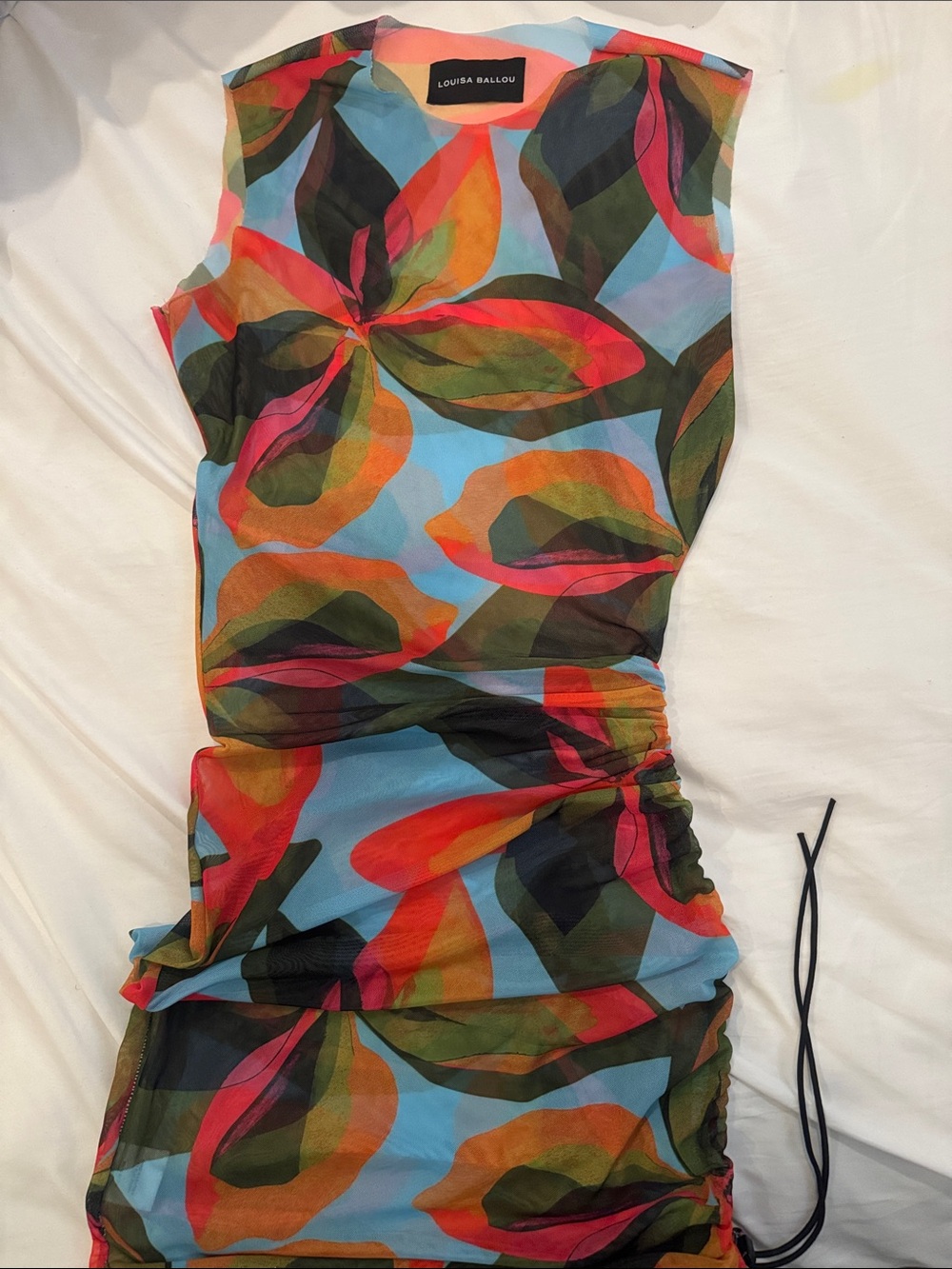 Louisa Ballou Multicolor Sheer Leaf-Print Ruched Dress